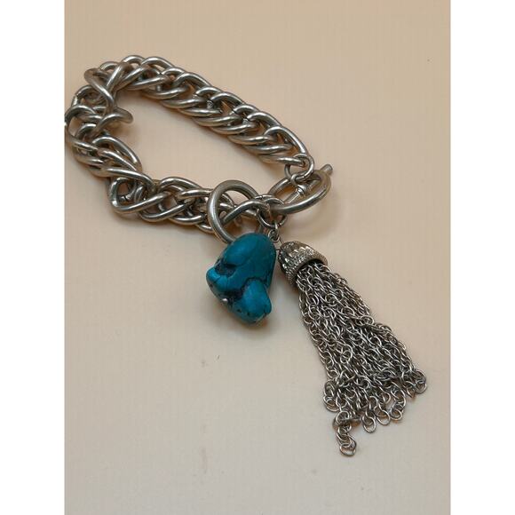 Source Unknown Jewelry - Chunky Silver Chain Bracelet with Turquoise Bear Charm and Tassel Accent